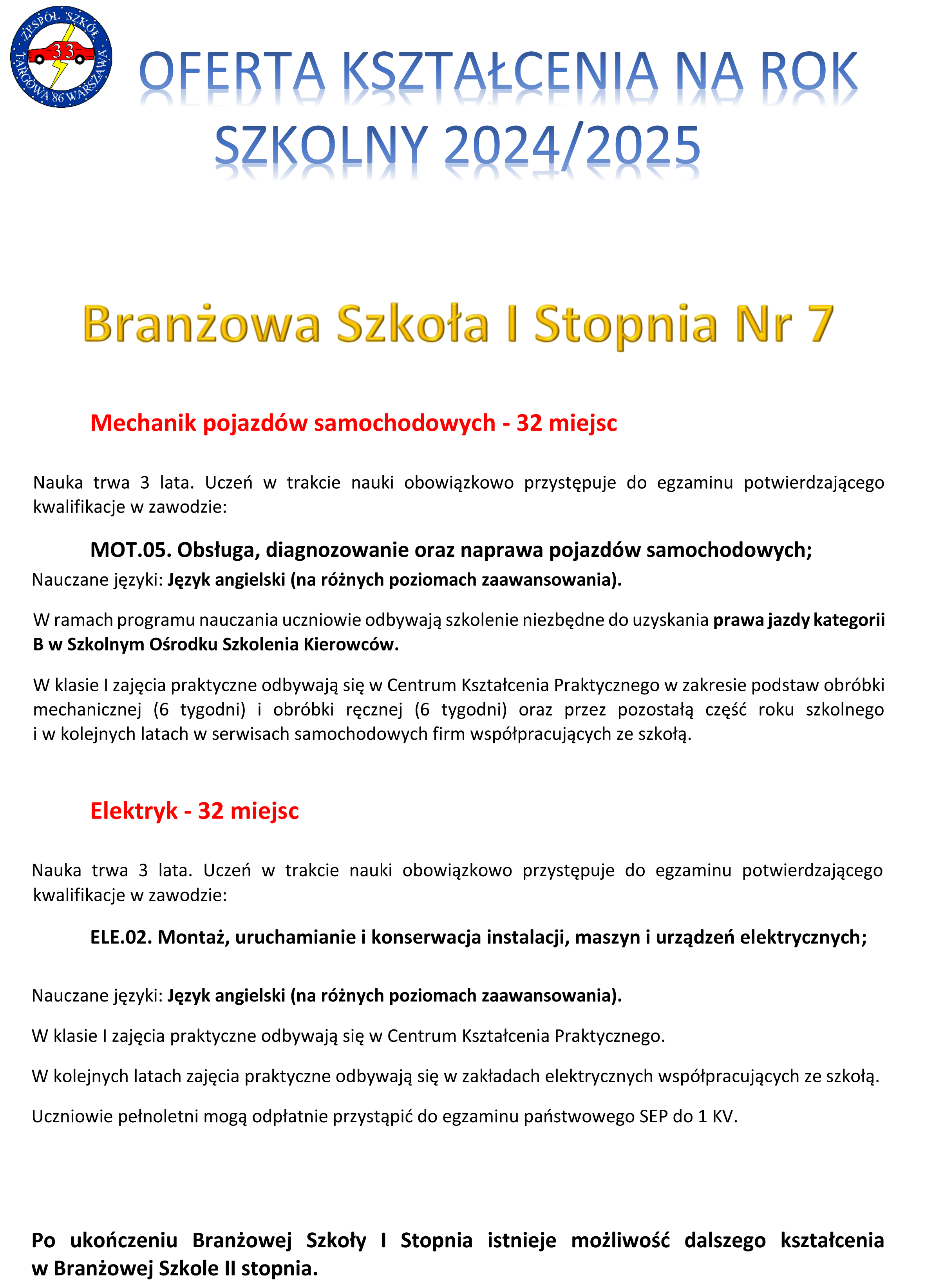 OFERTA KSZTALCENIA NA ROK SZKOLNY 2024 25 branzowa 1a